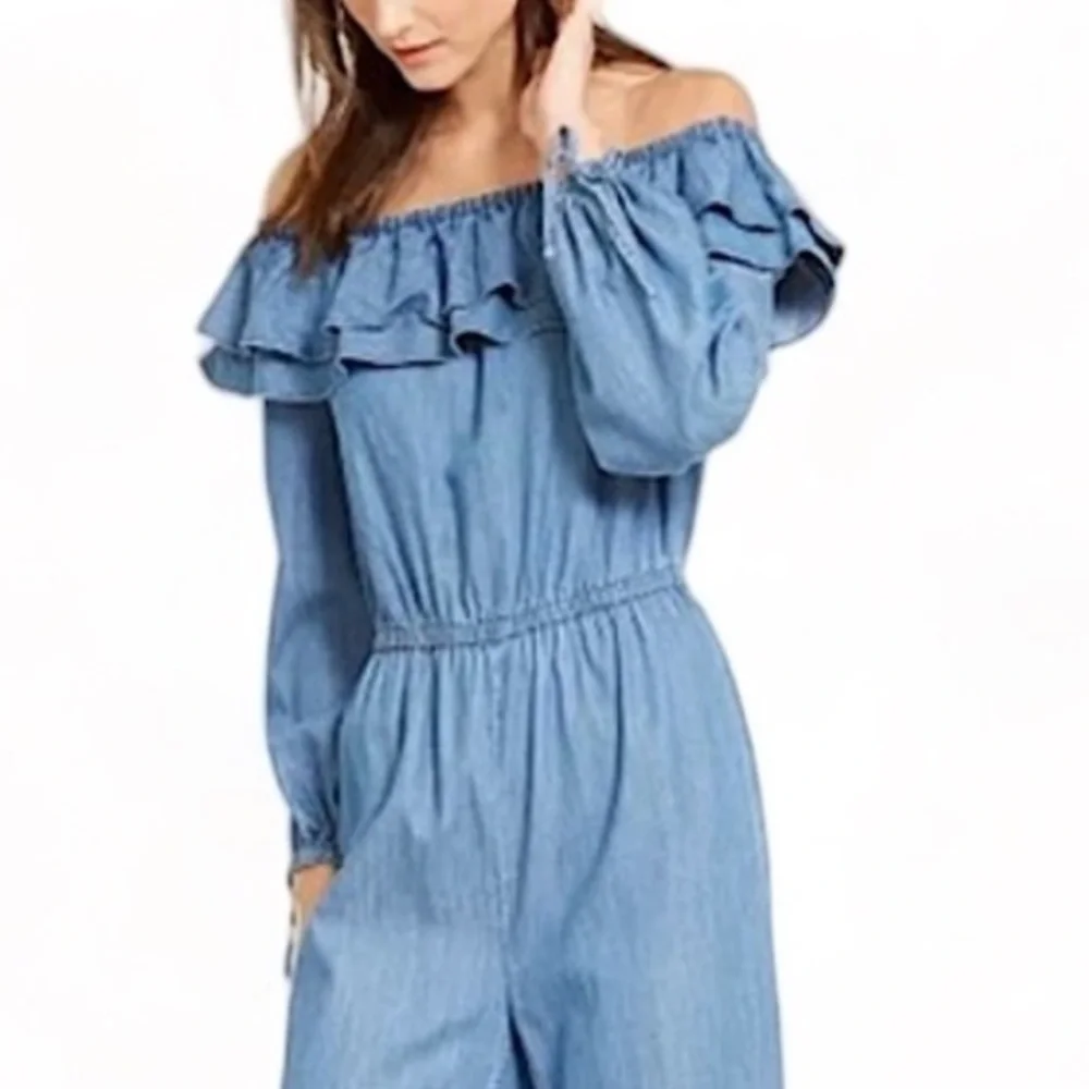 MICHAEL KORS Denim Chambray RUFFLE ON/OFF SHOULDER JUMPSUIT Small …Boho casual